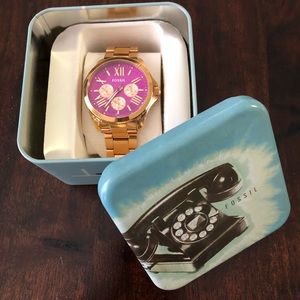 Gold Fossil Watch with hot pink face